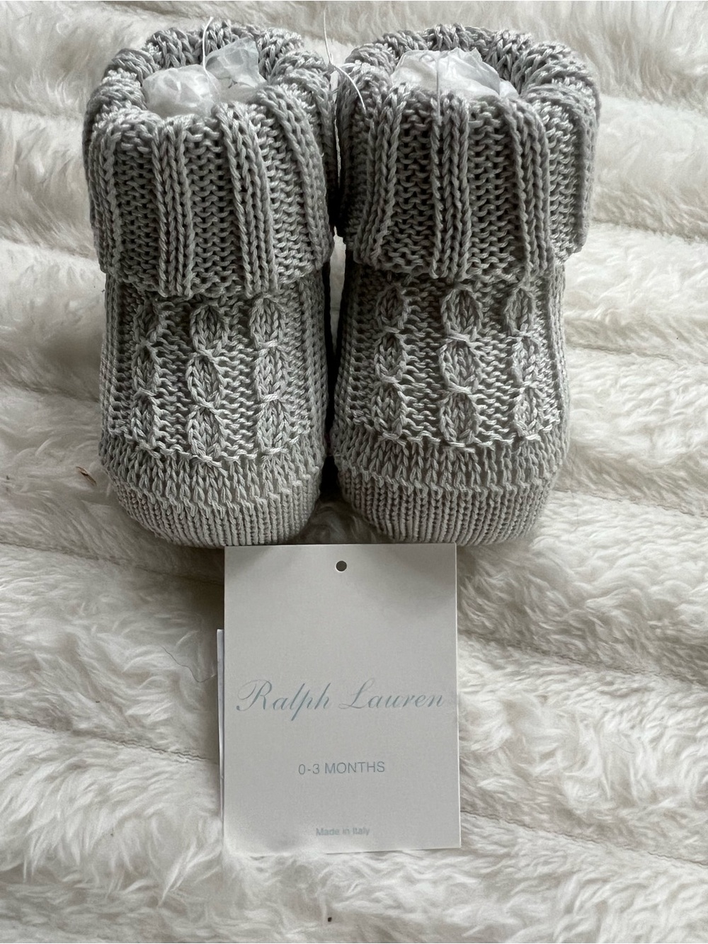 NWT Ralph Lauren Baby Cable Knit Booties Gray 0-3 Months Italy
